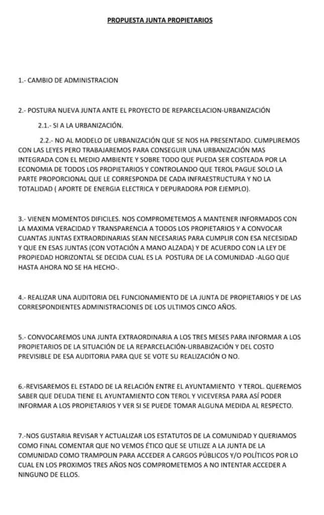 Documento Propuesta Junta Propietarios de la Junta de Terol, con siete puntos; el primero, cambio de administración